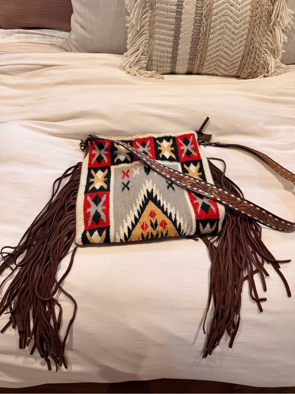 American Darling Aztec Fringe Crossbody in Red, Black, Cream & Brown